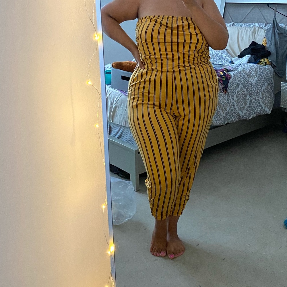 Yellow/Amber Striped Strapless Jumpsuit